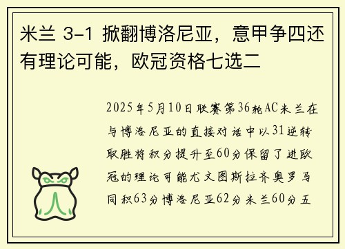 米兰 3-1 掀翻博洛尼亚，意甲争四还有理论可能，欧冠资格七选二